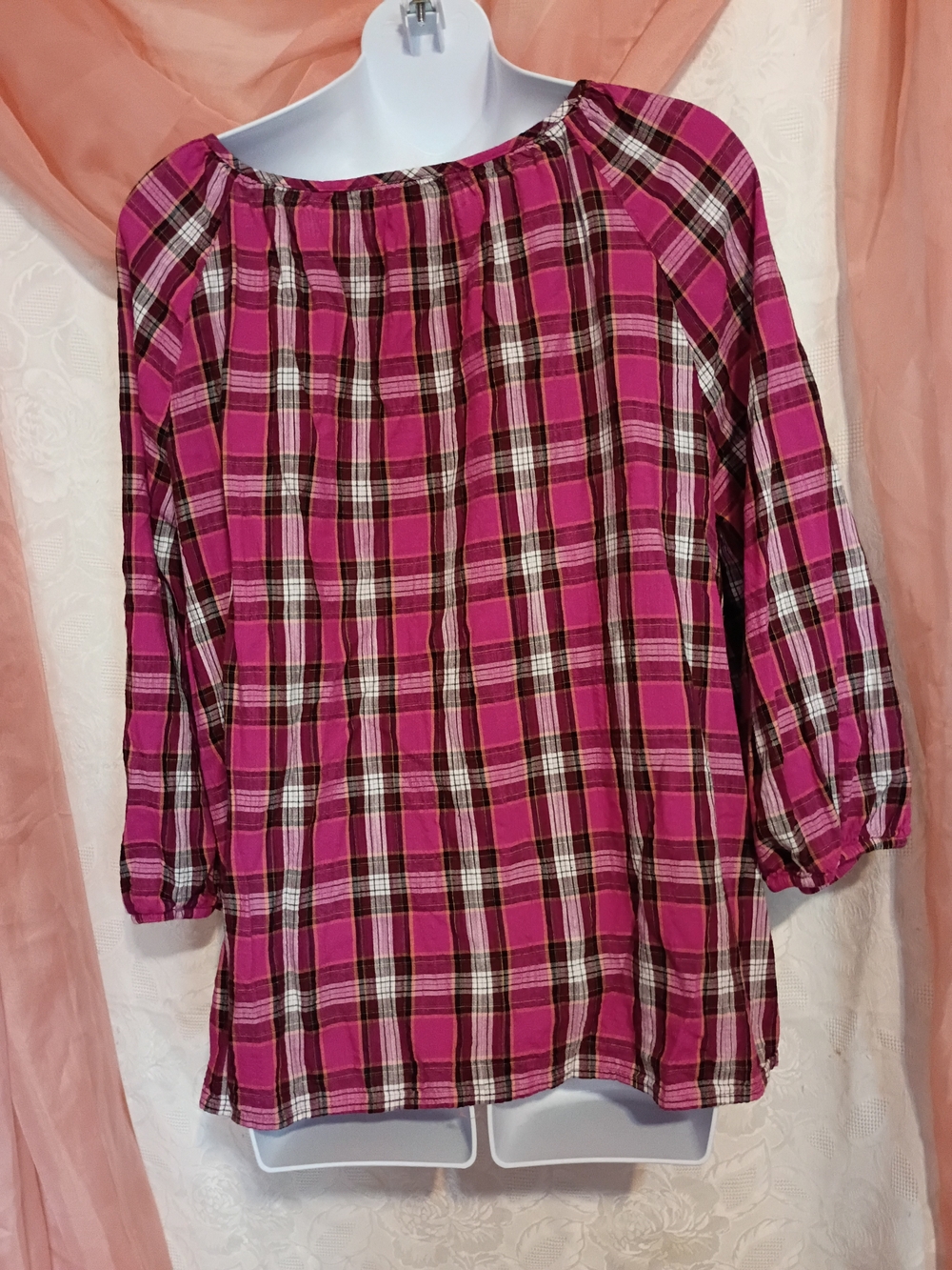 Faded Glory Ladies Pink Plaid Peasant Tunic Sz PXL - Picture 5 of 7